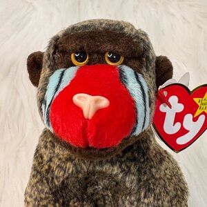 Ty Stuffed Animal Baboon “Cheeks” with Brown and Red Colors 1999.